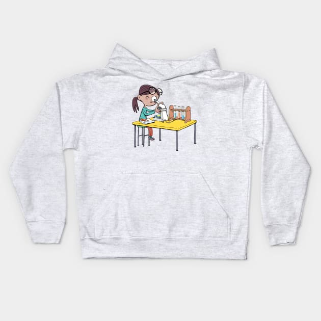 girl with a microscope is doing an experiment and writing down the details Kids Hoodie by duxpavlic